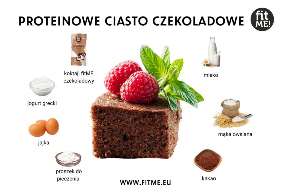 Czekoladowe ciasto proteinowe to smaczny i zdrowy deser, idealny dla osób dbających o sylwetkę. Głównymi składnikami są odchudzający koktajl fitME czekoladowy, który dostarcza białka i cennych składników odżywczych, oraz jajko, które stanowi źródło białka i zdrowych tłuszczy. Jogurt grecki beztłuszczowy dodaje kremowości i zwiększa zawartość białka, a mąka owsiana dostarcza błonnika i węglowodanów złożonych. Kakao w proszku nadaje intensywny, czekoladowy smak, a proszek do pieczenia sprawia, że ciasto jest puszyste i lekkie. Mleko umożliwia regulację konsystencji ciasta, aby osiągnąć idealną strukturę.