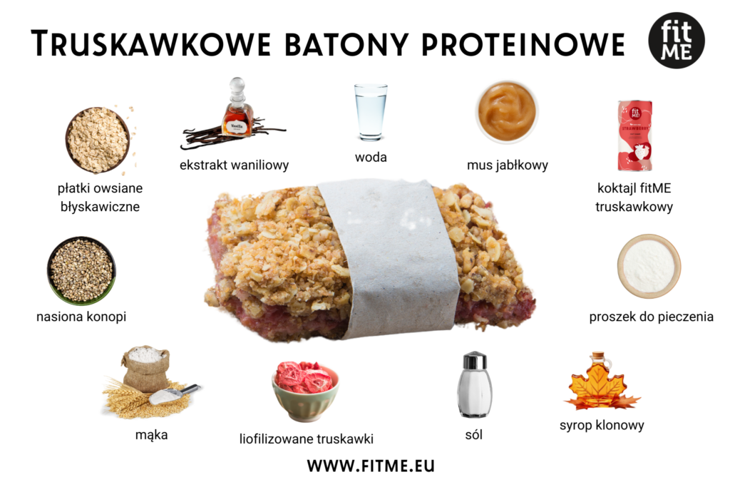 Truskawkowe batony proteinowe to świetny wybór dla osób poszukujących zdrowej przekąski o wysokiej wartości odżywczej. Ich głównym składnikiem są płatki owsiane błyskawiczne, które dostarczają energii i błonnika. Dodatek odchudzającego koktajlu fitME truskawkowego oraz nasion konopi zapewniają cenne białko i niezbędne kwasy tłuszczowe omega-3.