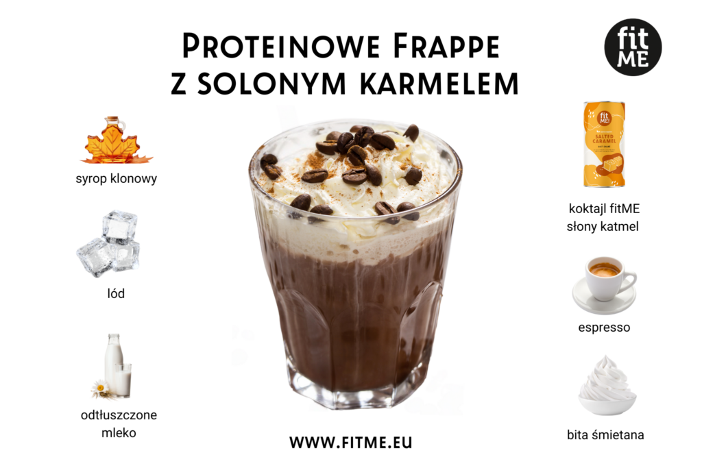 Frappe proteinowe to niezwykła kompozycja kawowego raju i zdrowego zastrzyku energii. Karmelowy smak, połączony z odchudzającym koktajlem FitME i aromatyczną kawą espresso, tworzy niepowtarzalne doznania smakowe. Delikatna chłodząca konsystencja lodu doskonale komponuje się z niskokaloryczną bitą śmietaną, dodającymi nuty kremowości. Całość uzupełnia syrop klonowy, nadający słodyczy bez zbędnego obciążenia cukrem. To nie tylko pyszny napój, ale również pełnowartościowy posiłek, który dodaje energii i wspiera zdrowy tryb życia