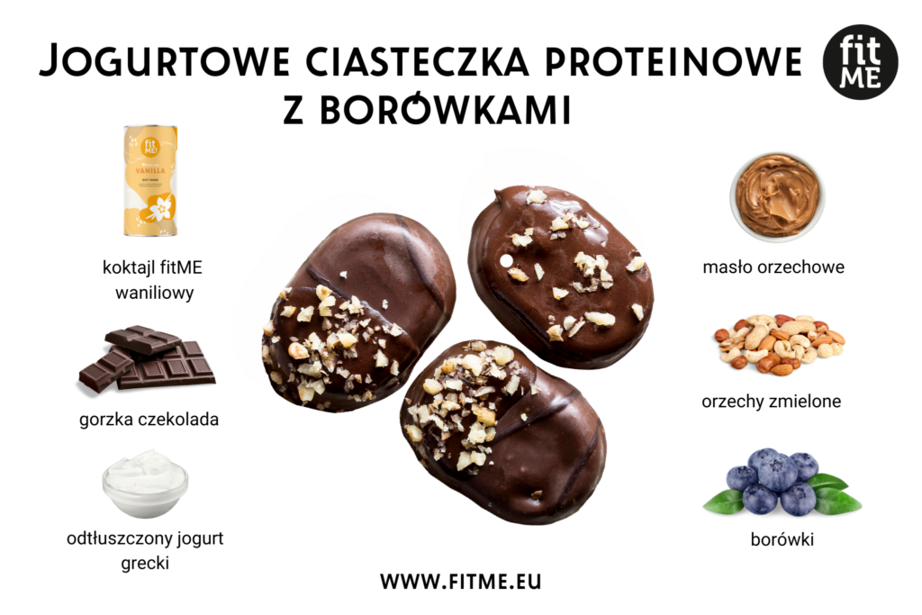 Wypróbuj nasze jogurtowe ciasteczka proteinowe z borówkami! To połączenie zdrowego greckiego jogurtu, białkowego koktajlu, świeżych borówek, masła orzechowego, gorzkiej czekolady i orzechów dostarczy Ci energii i wartości odżywczych. Te ciasteczka są bogate w białko, witaminy i zdrowe tłuszcze, co sprawia, że są doskonałą przekąską na każdą porę dnia.