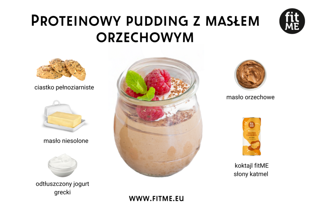 Proteinowy pudding z masłem orzechowym to idealna propozycja dla osób aktywnych, które szukają zdrowego i smacznego deseru. Ciastko pełnoziarniste dostarcza błonnika, który wspiera trawienie i pomaga utrzymać stabilny poziom cukru we krwi. Połączenie beztłuszczowego jogurtu greckiego i koktajlu odchudzającego fitME słony karmel zapewnia dużą ilość białka, niezbędnego do regeneracji mięśni po treningu. Dodatkowo, stopione masło niesolone i naturalne masło orzechowe dostarczają zdrowych tłuszczów, które wspierają zdrowie serca i dają uczucie sytości. To połączenie składników sprawia, że pudding jest nie tylko pyszny, ale i pełen wartości odżywczych.