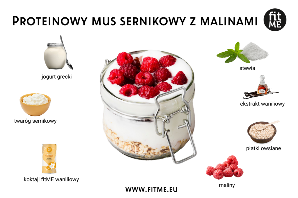 Proteinowy mus sernikowy z malinami to doskonałe połączenie smaku i wartości odżywczych, idealne dla osób poszukujących zdrowych i smacznych deserów. Baza z twarogu sernikowego i jogurtu greckiego dostarcza dużej ilości wysokowartościowego białka, które jest niezbędne do budowy i regeneracji mięśni. Dodatek koktajlu fitME waniliowego wzbogaca mus o aromat wanilii, jednocześnie dostarczając niezbędnych składników odżywczych bez zbędnych kalorii. W ten sposób, proteinowy mus sernikowy staje się nie tylko pyszną, ale i wartościową propozycją na deser czy przekąskę po treningu.