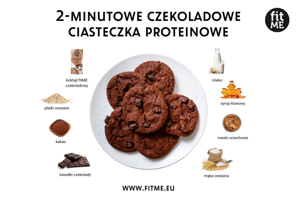 2-minutowe czekoladowe ciasteczka proteinowe to szybka i zdrowa przekąska, która łączy w sobie doskonałe właściwości odżywcze. Płatki owsiane i mąka owsiana stanowią solidną bazę, dostarczając błonnika, który wspiera prawidłowe funkcjonowanie układu trawiennego i utrzymuje uczucie sytości na dłużej. Syrop klonowy wprowadza naturalną słodycz, podczas gdy masło orzechowe dodaje zdrowych tłuszczów i białka, które są niezbędne do odbudowy mięśni. Kakao oraz kawałki czekolady wnoszą bogaty smak oraz antyoksydanty, które pomagają neutralizować wolne rodniki i wspierają zdrowie. Odchudzający koktajl fitME czekoladowy dodaje dodatkowe białko, wspierając osiąganie celów fitness. Mleko nadaje ciasteczkom idealną konsystencję, a szczypta soli wzmacnia smak i wspomaga równowagę elektrolitową. Dzięki temu połączeniu, 2-minutowe czekoladowe ciasteczka proteinowe są smaczną, zdrową opcją, idealną na każdą porę dnia.