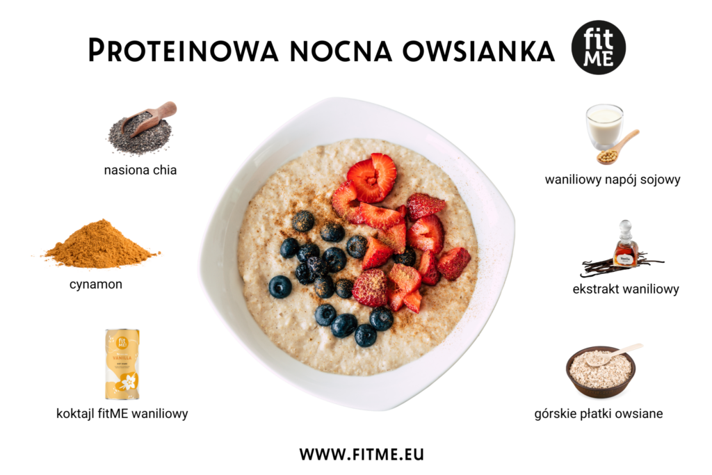 Proteinowa nocna owsianka to idealne rozwiązanie dla osób, które chcą rozpocząć dzień zdrowym i sycącym posiłkiem. Dzięki wysokiej zawartości białka i błonnika, owsianka ta zapewnia długotrwałe uczucie sytości oraz stabilny poziom energii na cały dzień. W połączeniu z górskimi płatkami owsianymi, waniliowym napojem sojowym i koktajlem fitME waniliowym, stanowi idealne źródło składników odżywczych niezbędnych dla aktywnego stylu życia. Co ważne, przygotowanie proteinowej nocnej owsianki jest proste – wystarczy wymieszać składniki wieczorem i rano cieszyć się gotowym, zdrowym śniadaniem.