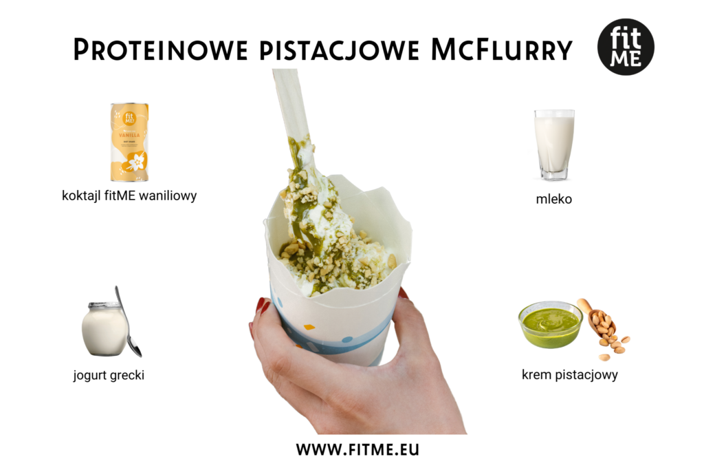 Proteinowe pistacjowe McFlurry to zdrowa alternatywa dla tradycyjnych deserów, idealna dla osób dbających o dietę i zdrowie. Deser ten łączy w sobie kremowy jogurt grecki, bogaty w białko i probiotyki, z mlekiem, które wspiera zdrowie kości dzięki zawartości wapnia i witaminy D. Dodatek odchudzającego koktajlu fitME waniliowego wzbogaca smak i dostarcza dodatkowego białka, wspierając metabolizm. Krem pistacjowy dodaje unikalnego smaku, a jednocześnie dostarcza zdrowych tłuszczów i antyoksydantów, które korzystnie wpływają na serce i układ odpornościowy. Ten pyszny deser nie tylko zaspokaja ochotę na słodycze, ale także dostarcza organizmowi cennych składników odżywczych. Wybierając Proteinowe pistacjowe McFlurry, można cieszyć się smakiem bez wyrzutów sumienia.