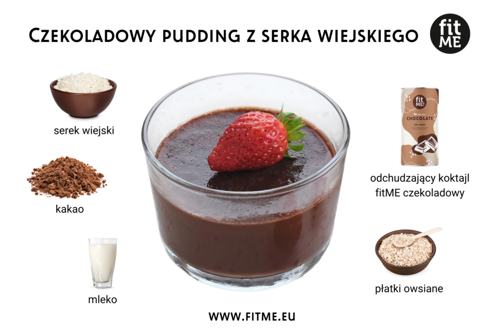 Czekoladowy pudding z serka wiejskiego, dostarczający 39g białka, pełen wartościowych składników odżywczych.