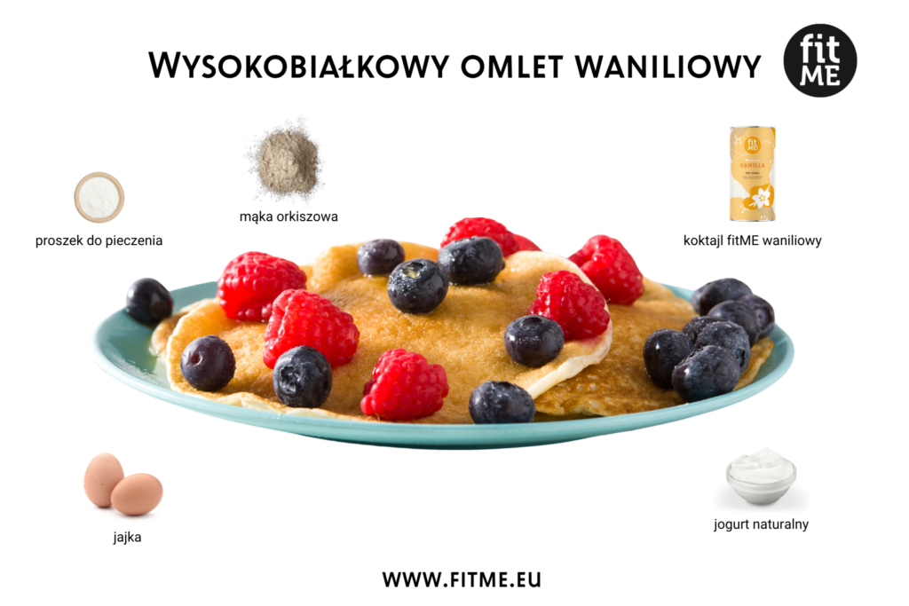 wysokobiałkowy omlet waniliowy z dodatkiem jogurtu, jajek, koktajlu fitME waniliowego, mąki orkiszowej i proszku pieczenia