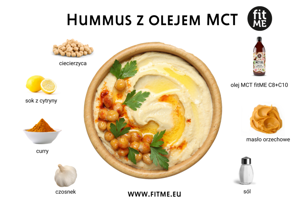 Pyszny hummus z olejem MCT fitME C8+C10 – zdrowa przekąska bogata w białko, tłuszcze, witaminy i minerały.